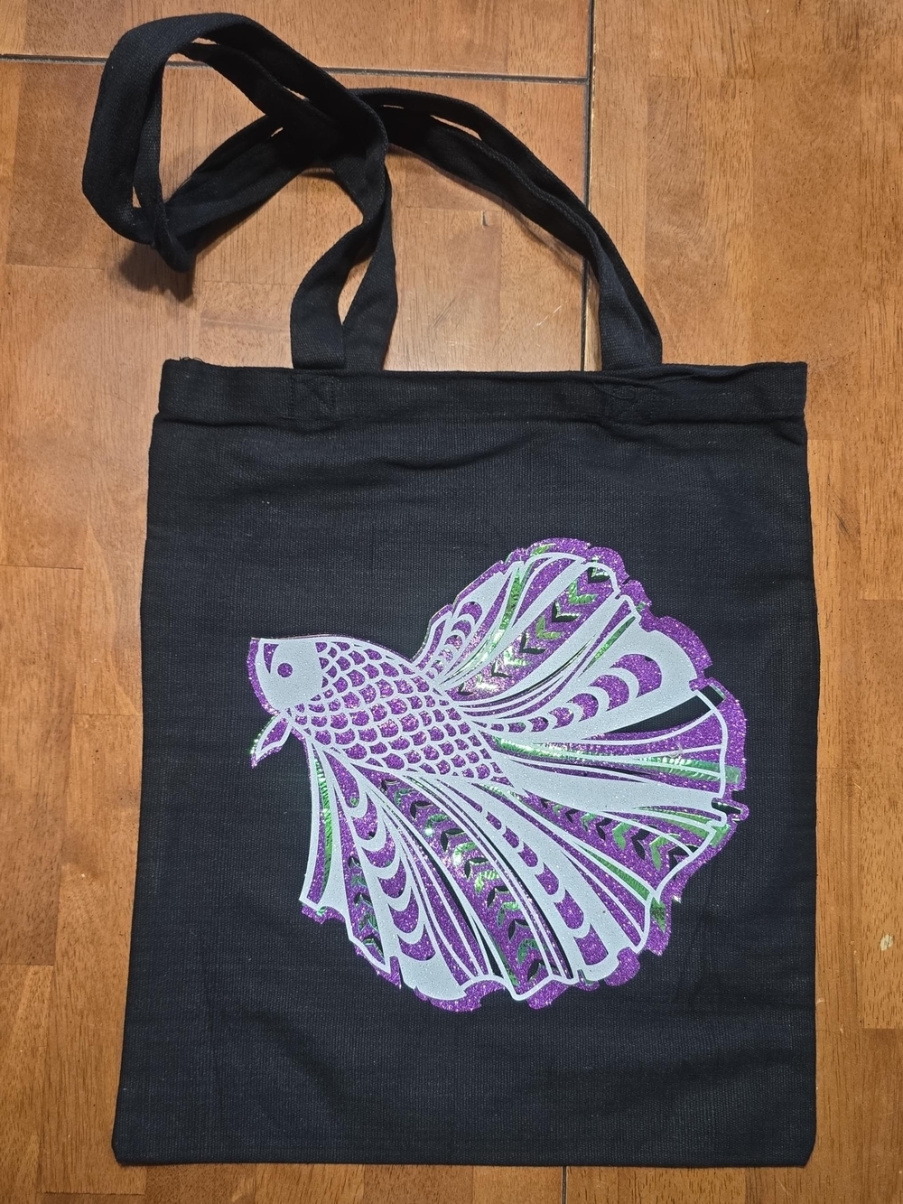 Black Heavy Canvas Tote Bag with White/Purple Fish Graphic